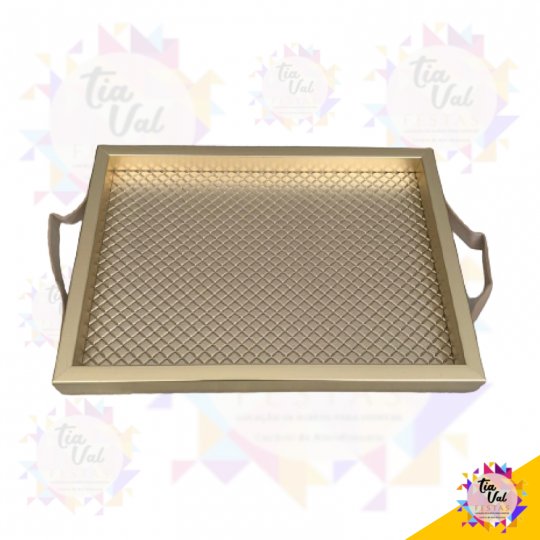 BANDEJA RETANGULAR DOURADA C ALÇA COURO