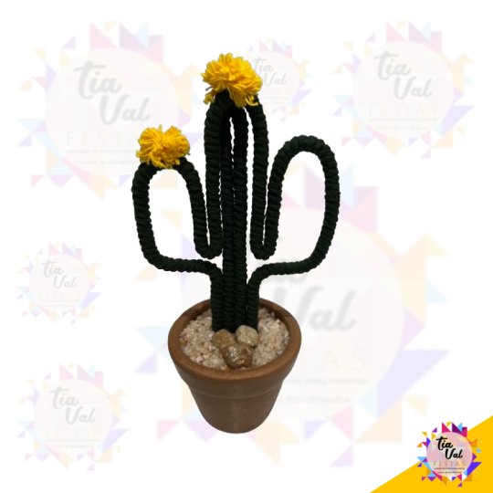 CACTO COM VASO DE BARRO - FLOR AMARELA - SÃO JOÃO 24 CM