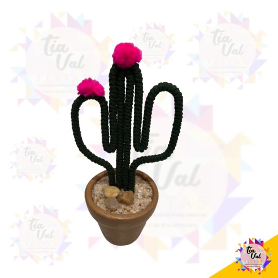 CACTO COM VASO DE BARRO - FLOR PINK - SÃO JOÃO 24 CM