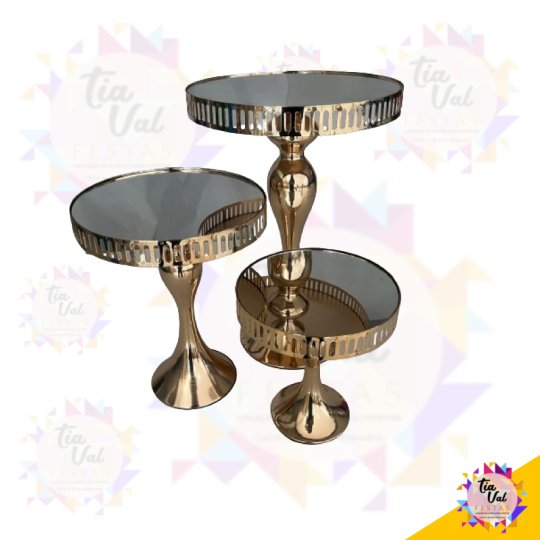 KIT PORTA DOCES  DOURADO ESPELHADO LUXO 03 PEÇAS