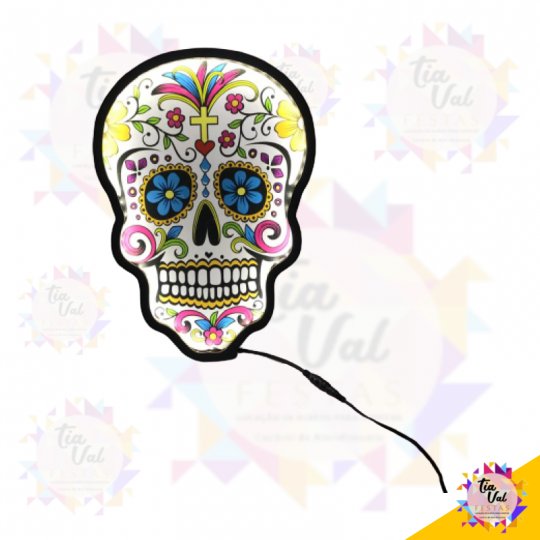 PLACA CAVEIRA MEXICANA BRANCA OLHO AZUL (ILUMINADA)